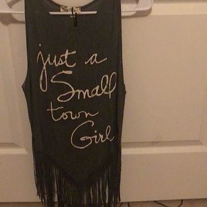 Fringe grey top “just a small town girl”